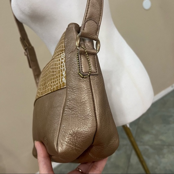 Vtg SAS Metallic Bronze Brown LEATHER CROSSBODY Handbag w/ Croc Trim Casual EUC - Picture 11 of 16